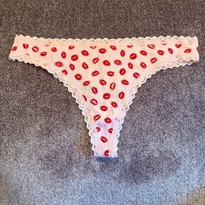 NWT Victoria’s Secret pink and red “lips” cotton/ lace thong/string panties